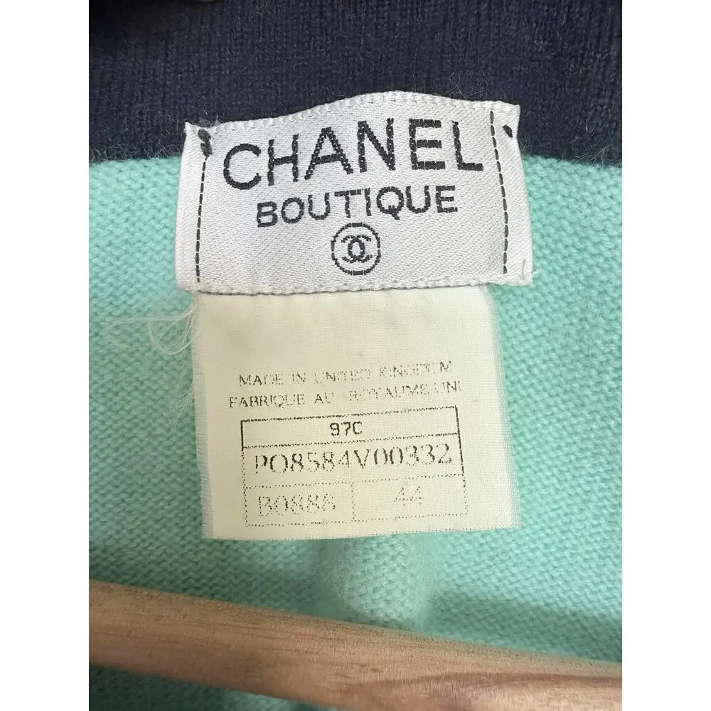 CHANEL Vintage CC Logo Sweater Knit Top Aqua   Green Dark Blue Cashmere Button